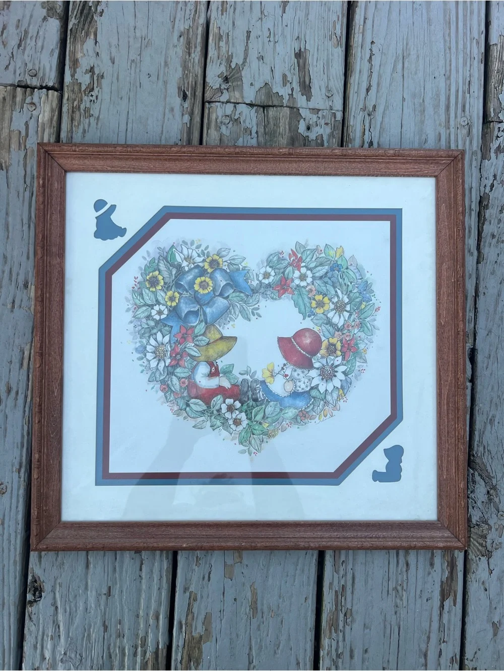 L CHAMBERS Art Print COUNTRY Flowers RIBBON Boy Girl HEART Frame Matted 16½x15½